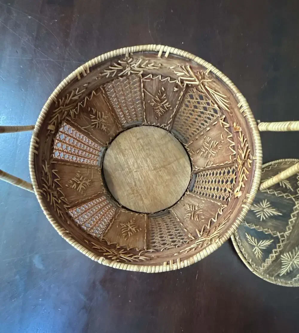 Vintage Decorative Asian Woven Bamboo Rice Basket with Lid and Handle